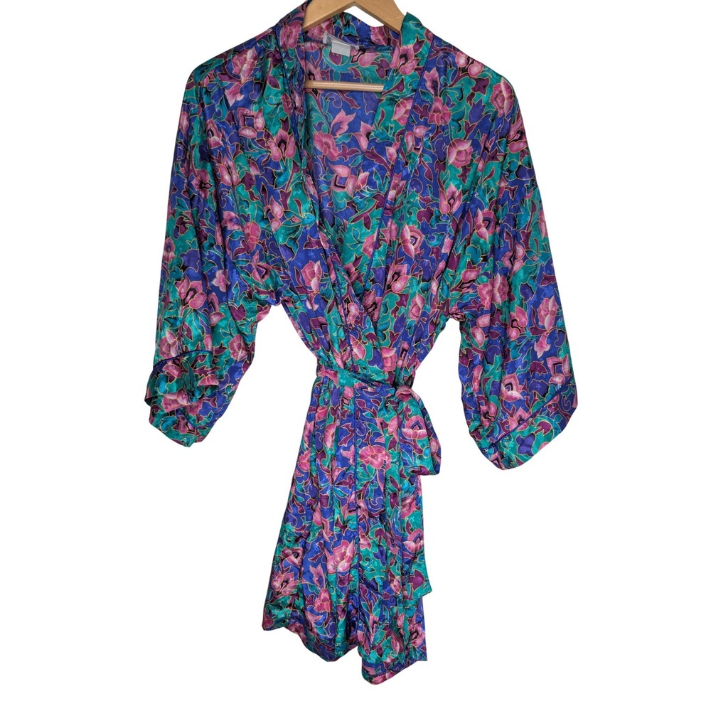 VTG Inner Most Floral Festival‎ Kimono Duster Robe S/M Blue Teal Purple Satin